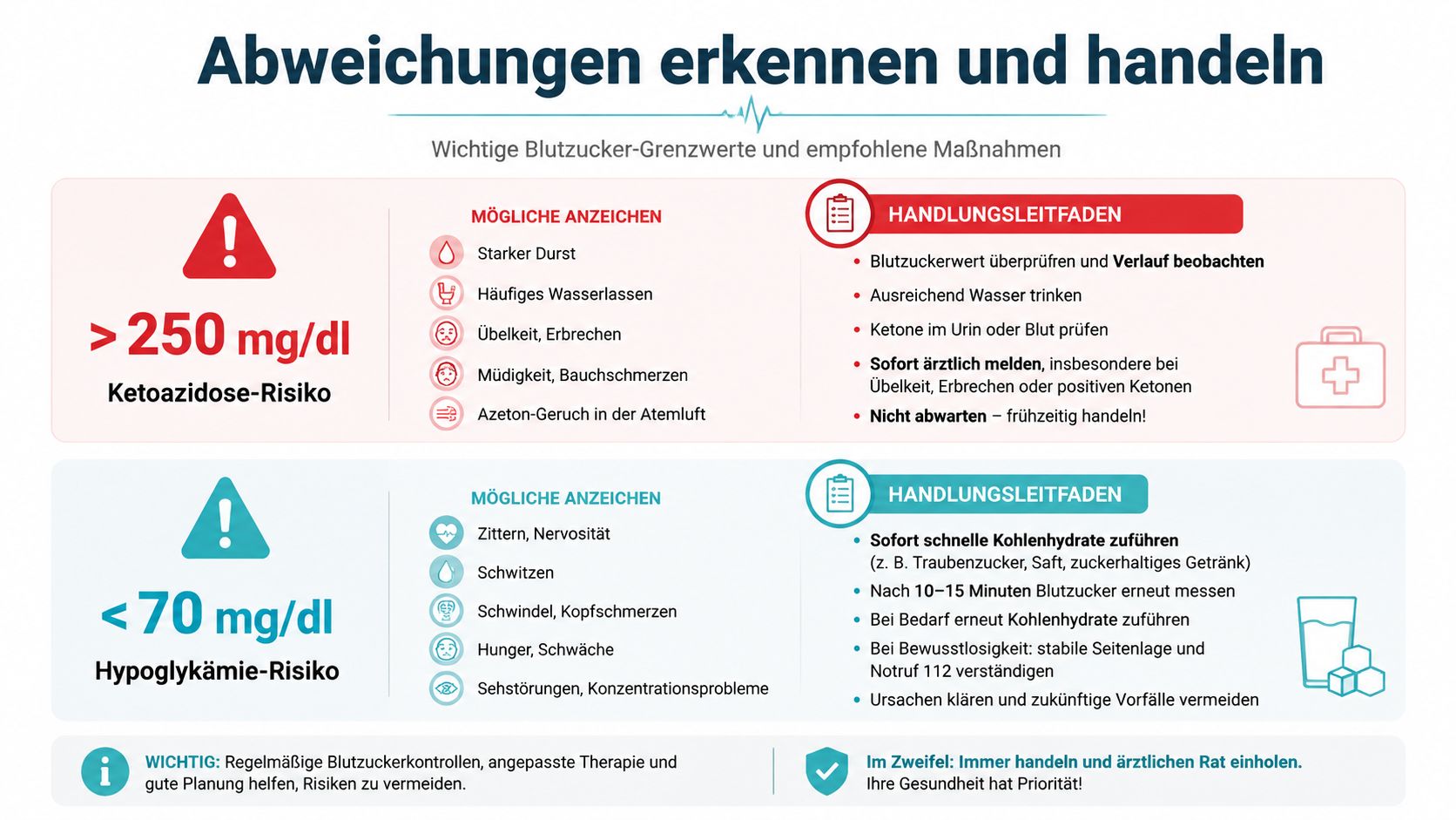 Infografik zeigt Blutzucker-Grenzwerte, Warnsignale für Ketoazidose und Hypoglykämie sowie empfohlene Handlungsleitfäden für betroffene Personen.