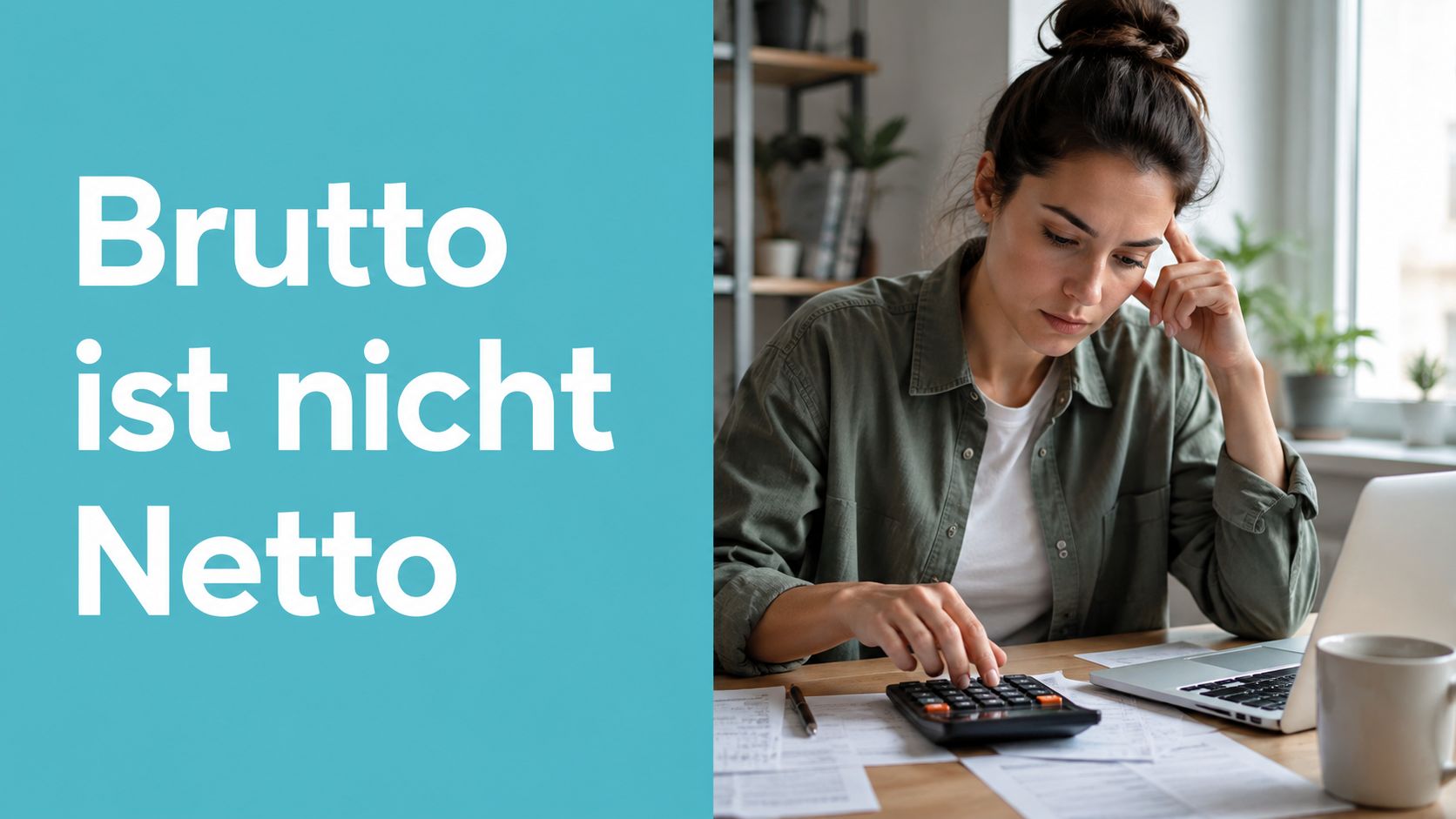 Eine Frau sitzt konzentriert am Schreibtisch und rechnet mit einem Taschenrechner ihre Finanzen durch, während sie nachdenkt.