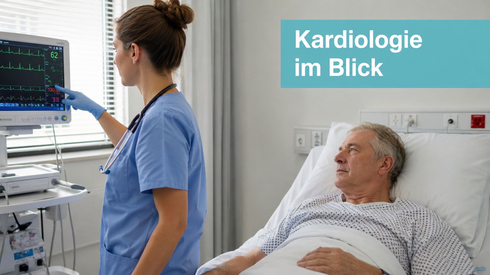 Eine medizinische Fachkraft in blauer Kleidung überwacht die Vitalwerte eines älteren Patienten im Krankenhausbett auf einem Monitor.