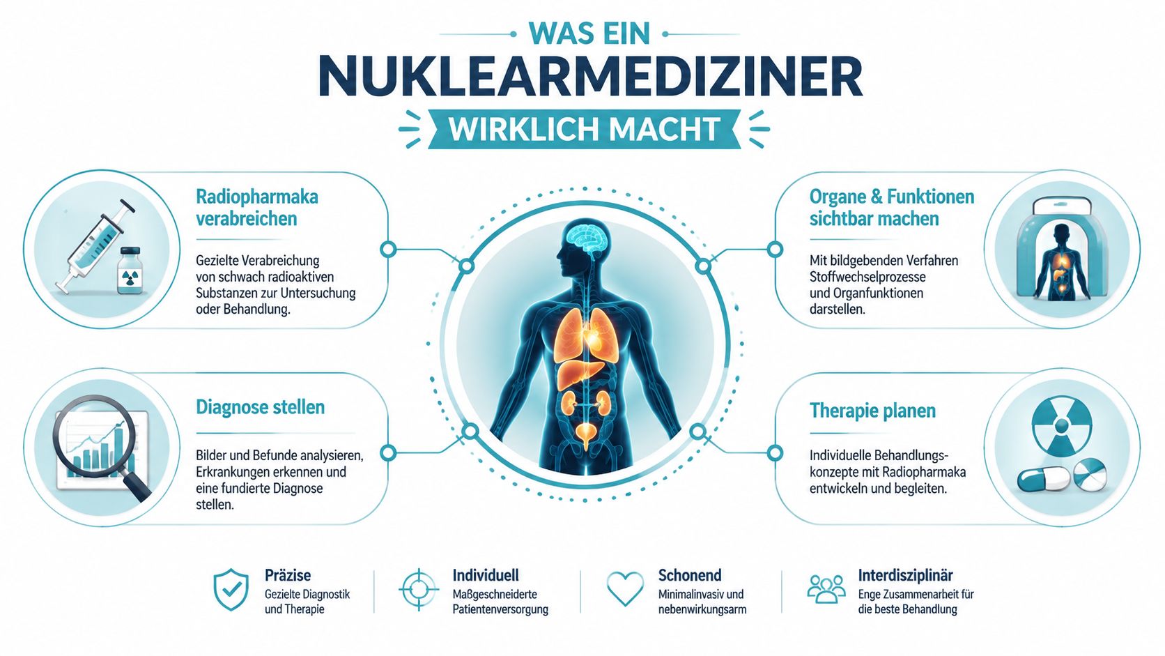 Infografik über die Aufgaben eines Nuklearmediziners, die Diagnose, Therapieplanung und den Einsatz von Radiopharmaka anschaulich darstellt.