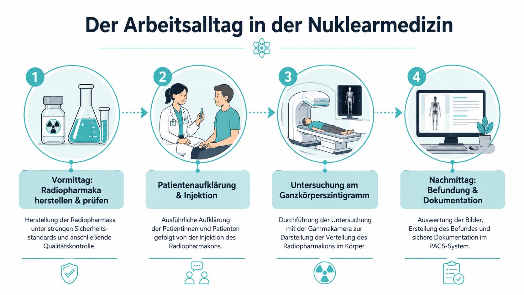 Grafik zeigt den vierstufigen Arbeitsalltag in der Nuklearmedizin von der Radiopharmaka-Herstellung bis zur Befundung und Dokumentation.