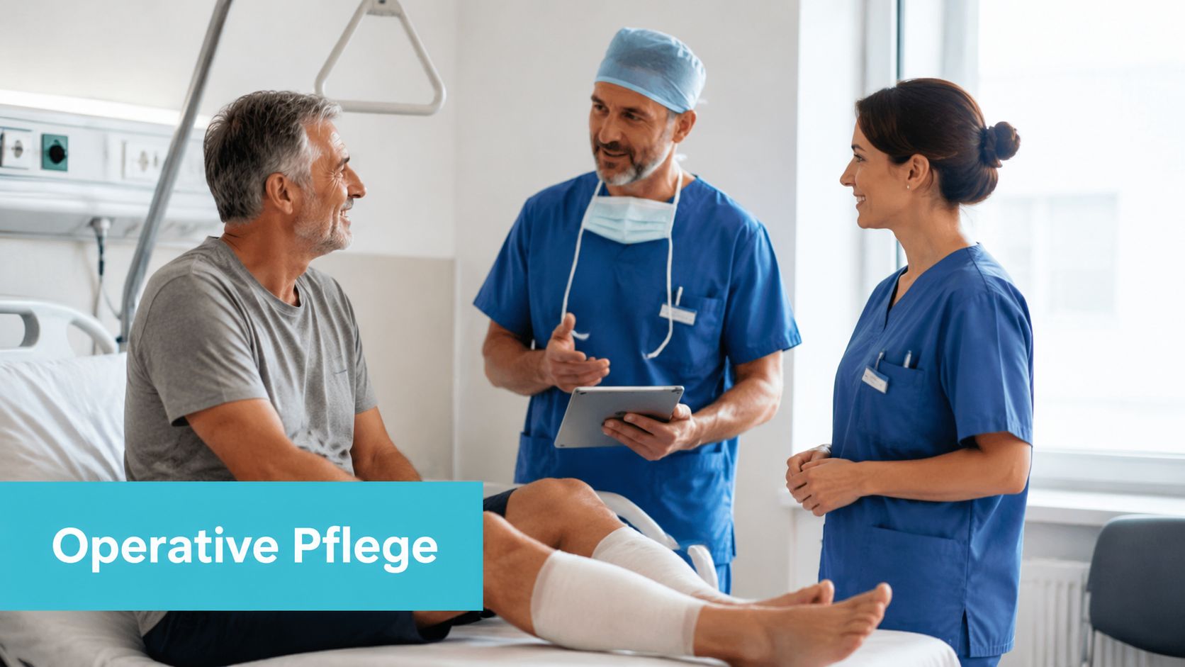Ein Arzt und eine Krankenschwester beraten einen Patienten mit bandagiertem Bein im Krankenhauszimmer zur operativen Pflege.