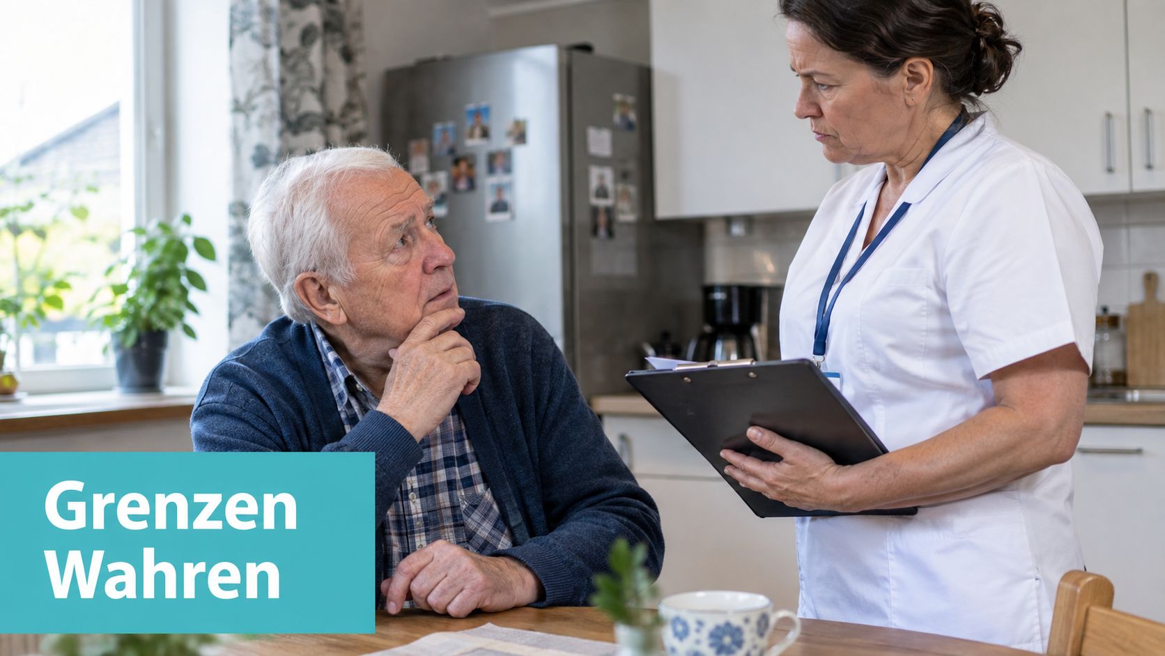Eine Pflegekraft spricht mit einem älteren Mann über ein Klemmbrett in einer häuslichen Umgebung zur Patientenbetreuung.