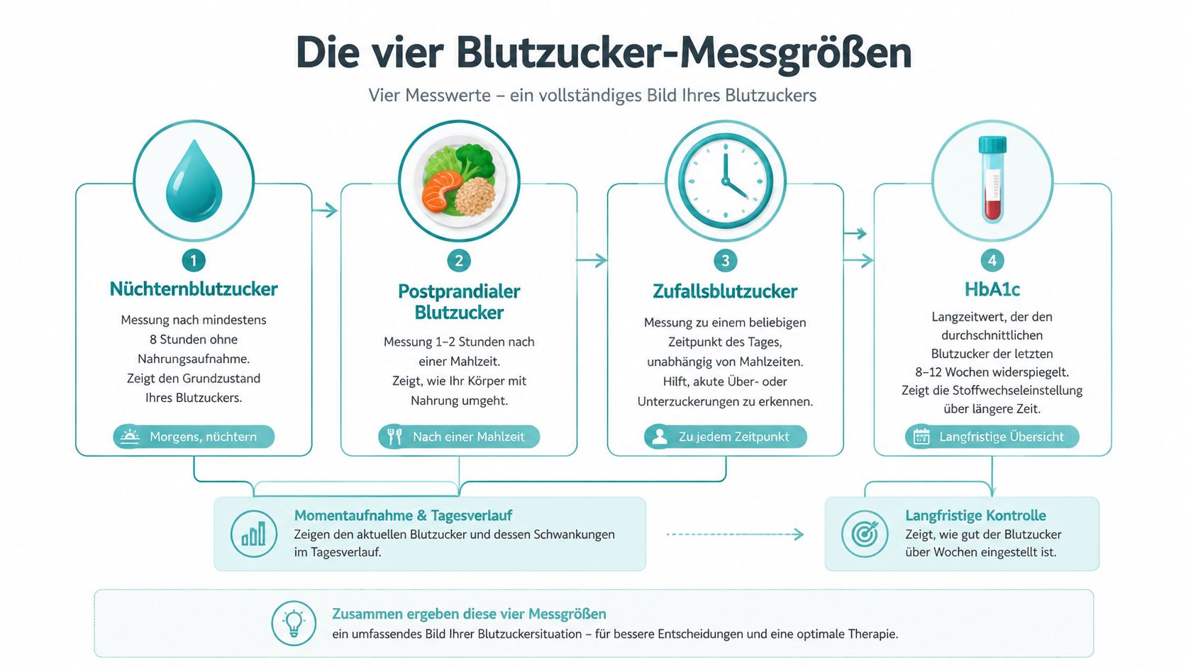 Eine Infografik erklärt die vier wichtigsten Messgrößen zur Bestimmung des Blutzuckerspiegels für ein umfassendes Bild der Stoffwechselsituation.