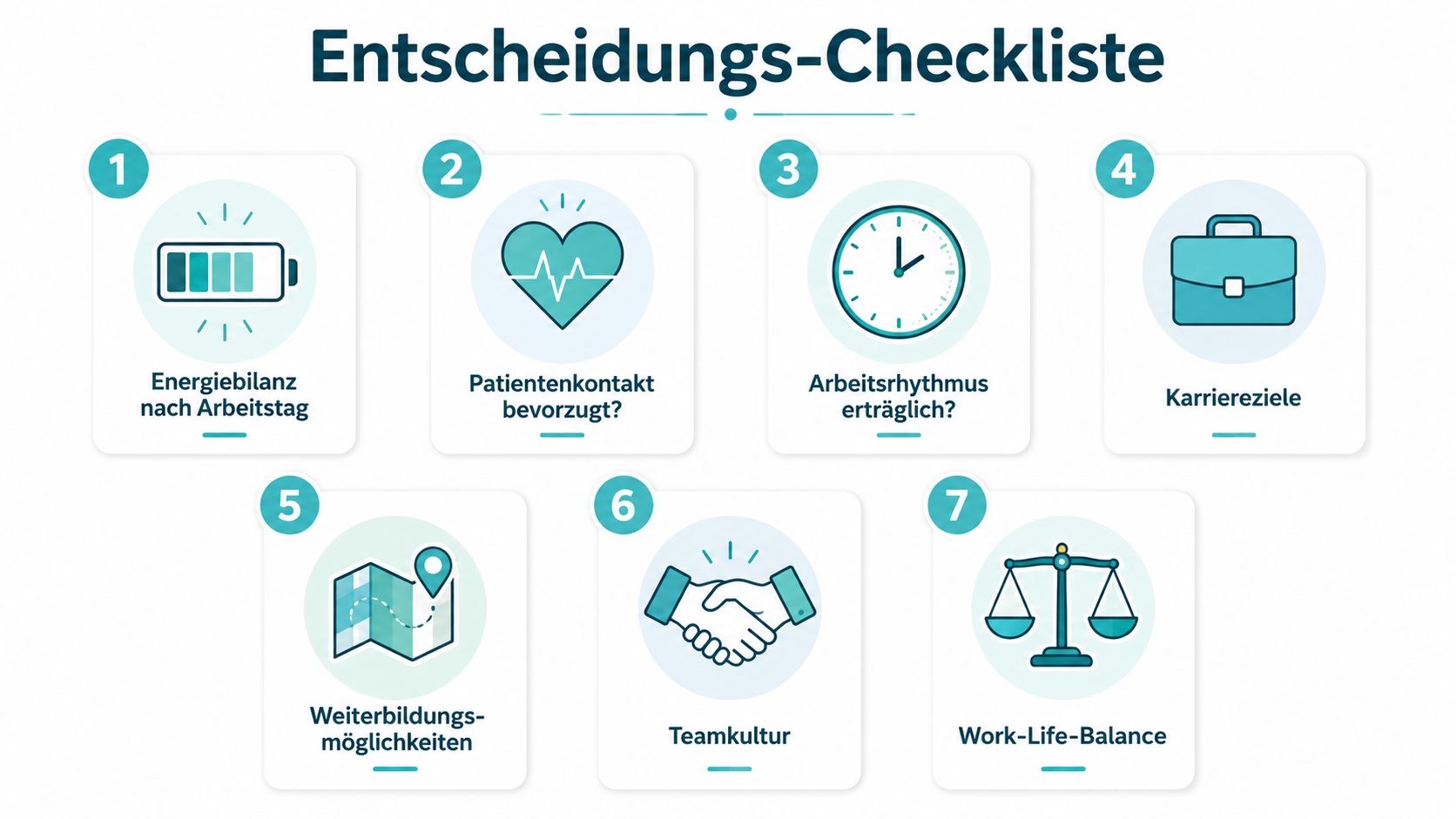 Eine Entscheidungs-Checkliste mit sieben Punkten zur Auswahl der passenden medizinischen Fachrichtung für Ärzte im Berufsleben.