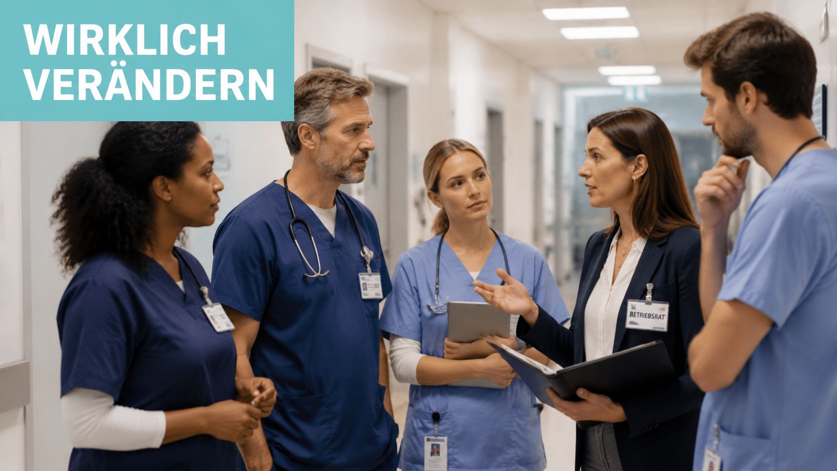 Ein Betriebsrat im Gespräch mit medizinischem Fachpersonal in einem Krankenhausflur, um Arbeitsbedingungen und Veränderungen zu diskutieren.