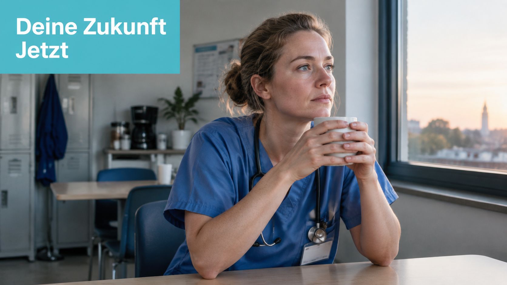 Eine nachdenkliche Krankenschwester in blauer Arbeitskleidung trinkt an einem Fenster sitzend einen Kaffee in einer Klinik.