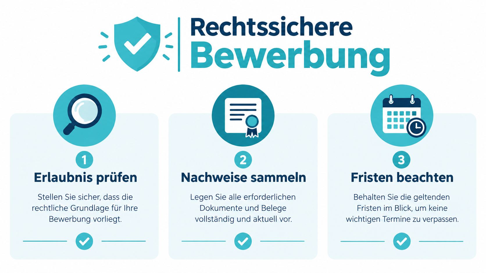 Eine Infografik mit drei Schritten für eine rechtssichere Bewerbung als Pflegefachkraft in der Tagespflege.