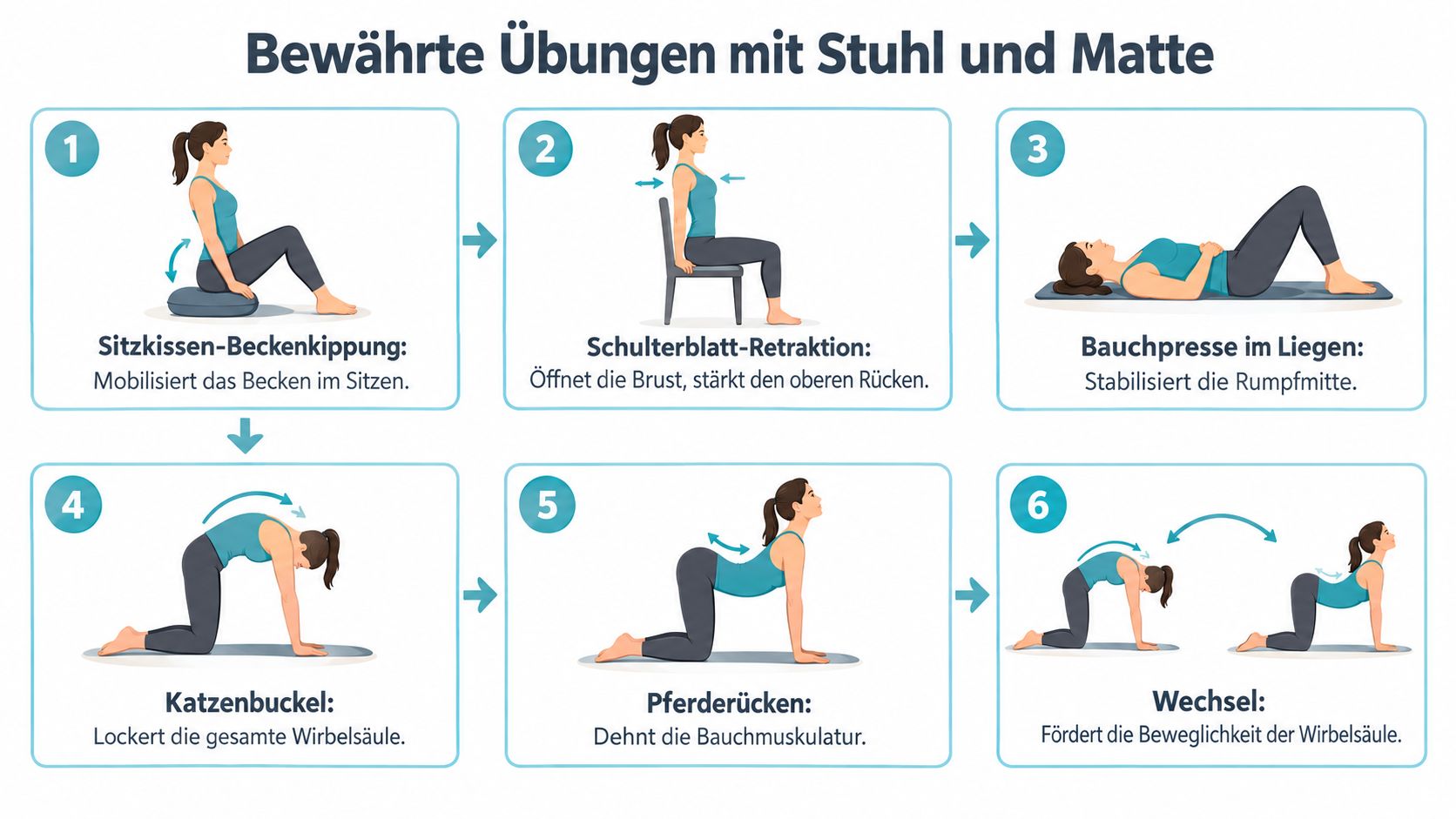 Eine Anleitung mit sechs illustrierten Übungen zur Rückengymnastik für Senioren auf einem Stuhl und einer Matte.