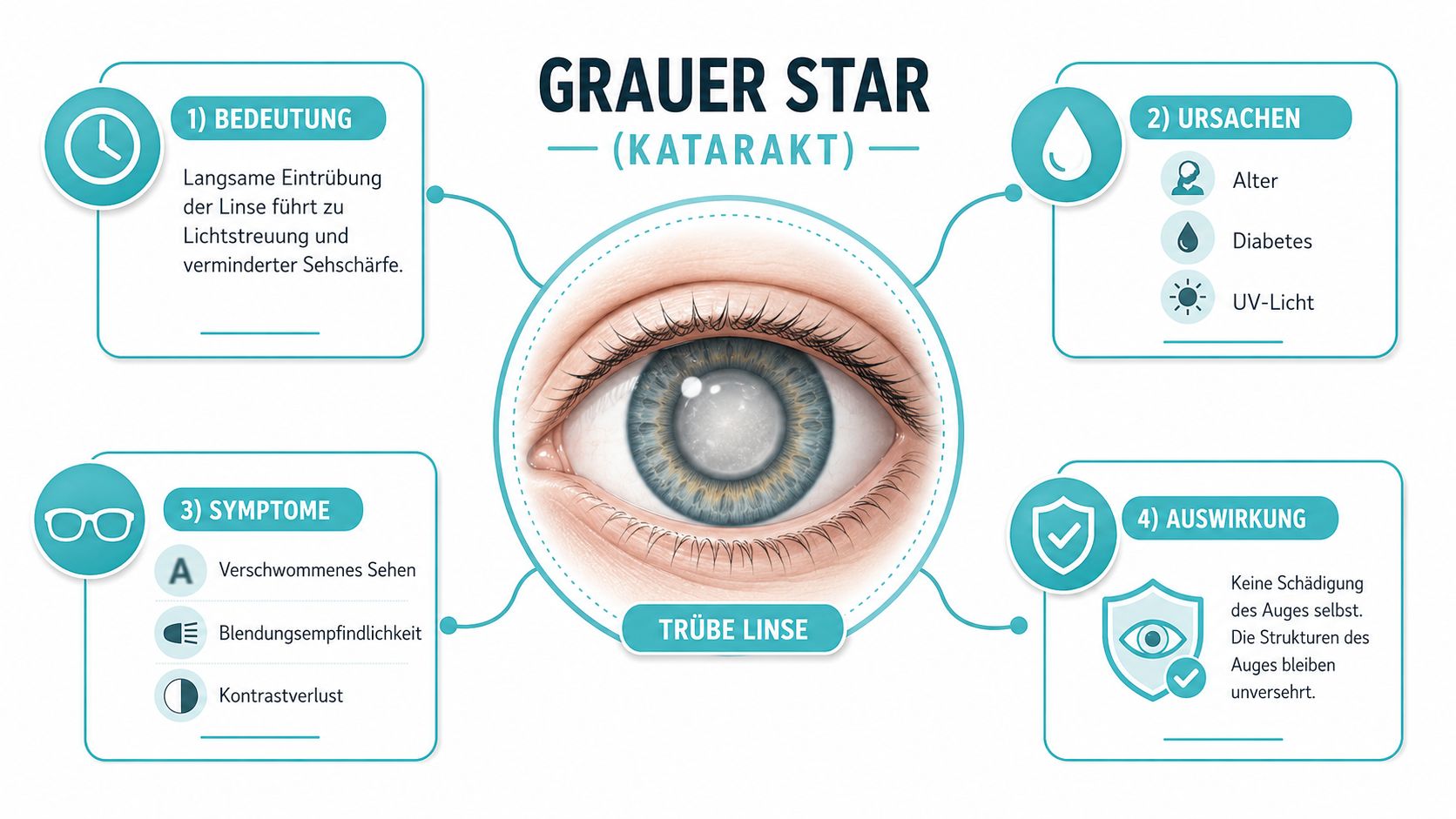 Eine Infografik zum Thema Grauer Star, die Bedeutung, Ursachen, Symptome und Auswirkungen der Augenerkrankung anschaulich erklärt.