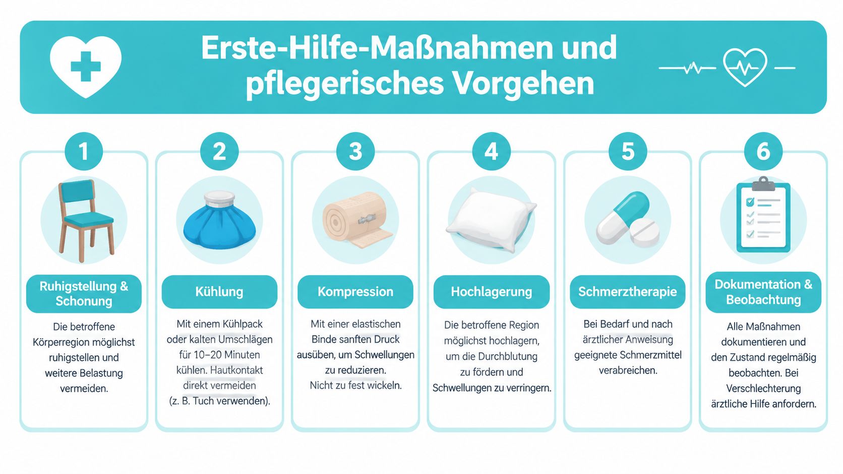 Infografik zeigt sechs Erste-Hilfe-Schritte zur Behandlung von Schwellungen und Verletzungen wie Ruhe, Kühlen, Kompression und Hochlagerung.