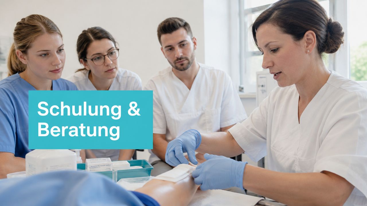 Eine professionelle Pflegekraft zeigt Auszubildenden während einer praktischen Schulung das fachgerechte Anlegen eines Wundverbandes am Patienten.