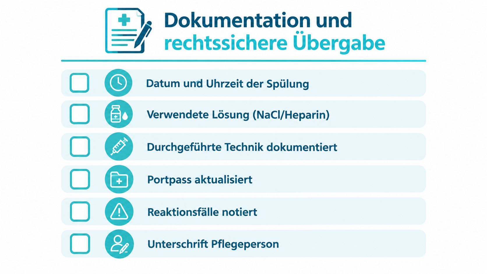 Checkliste für die rechtssichere Dokumentation und Übergabe nach dem Spülen eines medizinischen Portsystems bei Nichtbenutzung.
