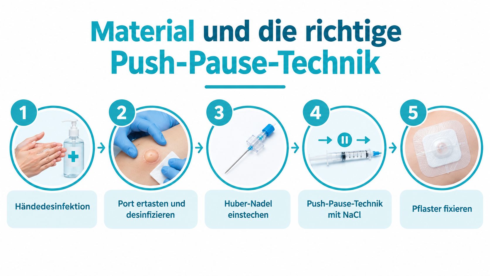 Infografik zeigt die fünf Schritte zur Port-Spülung mit der Push-Pause-Technik und der korrekten Materialverwendung.