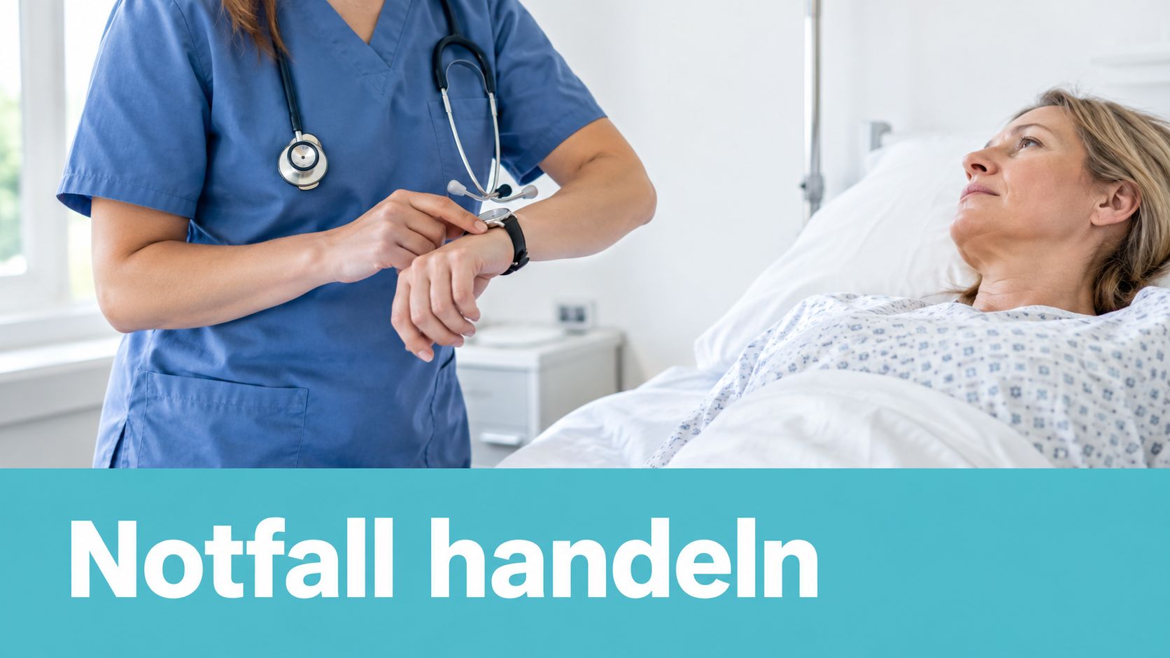 Eine Pflegekraft überprüft ihre Armbanduhr, während eine Patientin im Krankenhausbett aufmerksam zu ihr aufschaut.