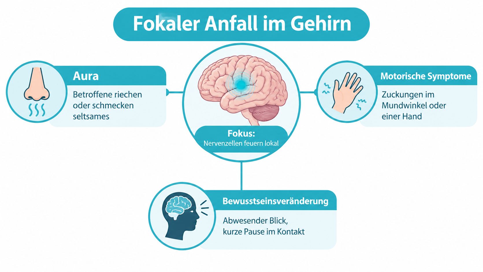 Infografik über einen fokalen epileptischen Anfall im Gehirn mit Symptomen wie Aura, motorischen Störungen und Bewusstseinsveränderungen.