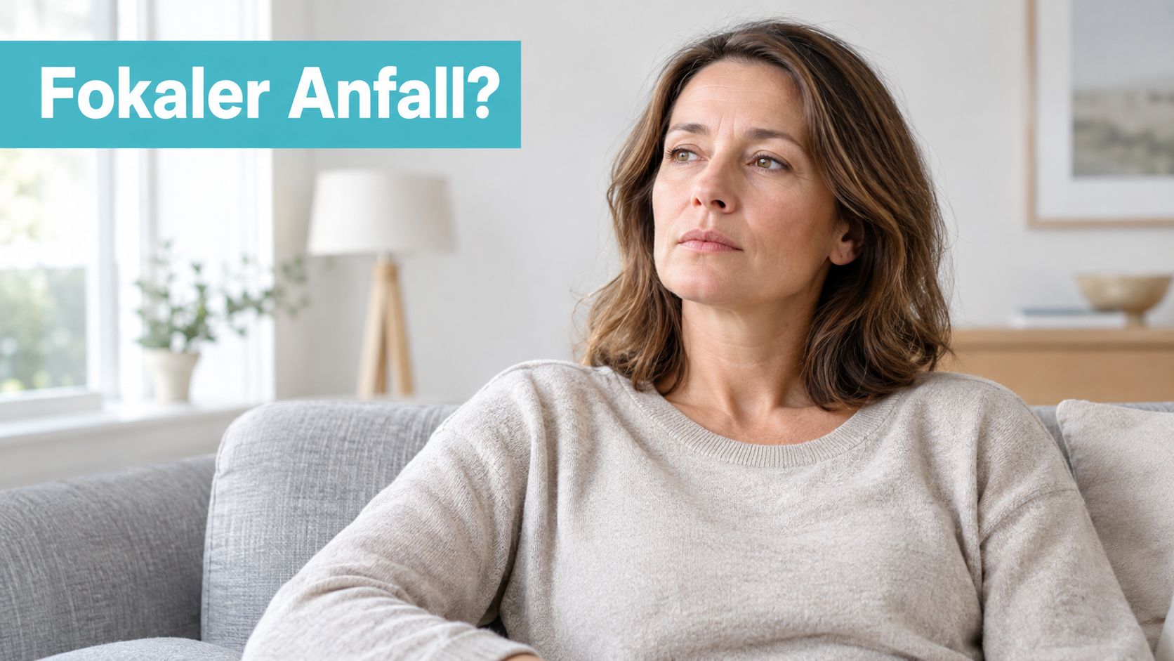 Eine nachdenkliche Frau sitzt auf einem Sofa und blickt abwesend in den Raum hinein.