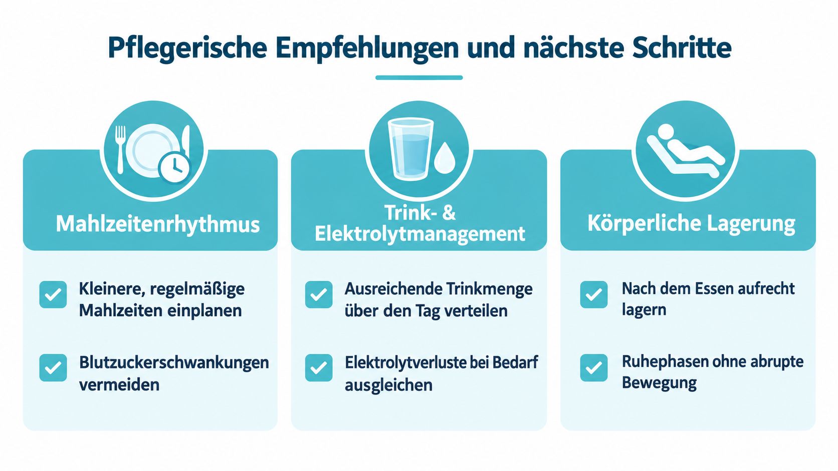 Pflegeempfehlungen wie Mahlzeitenrhythmus, Flüssigkeitszufuhr und Körperlagerung zur Unterstützung der Genesung und allgemeinen Gesundheit.