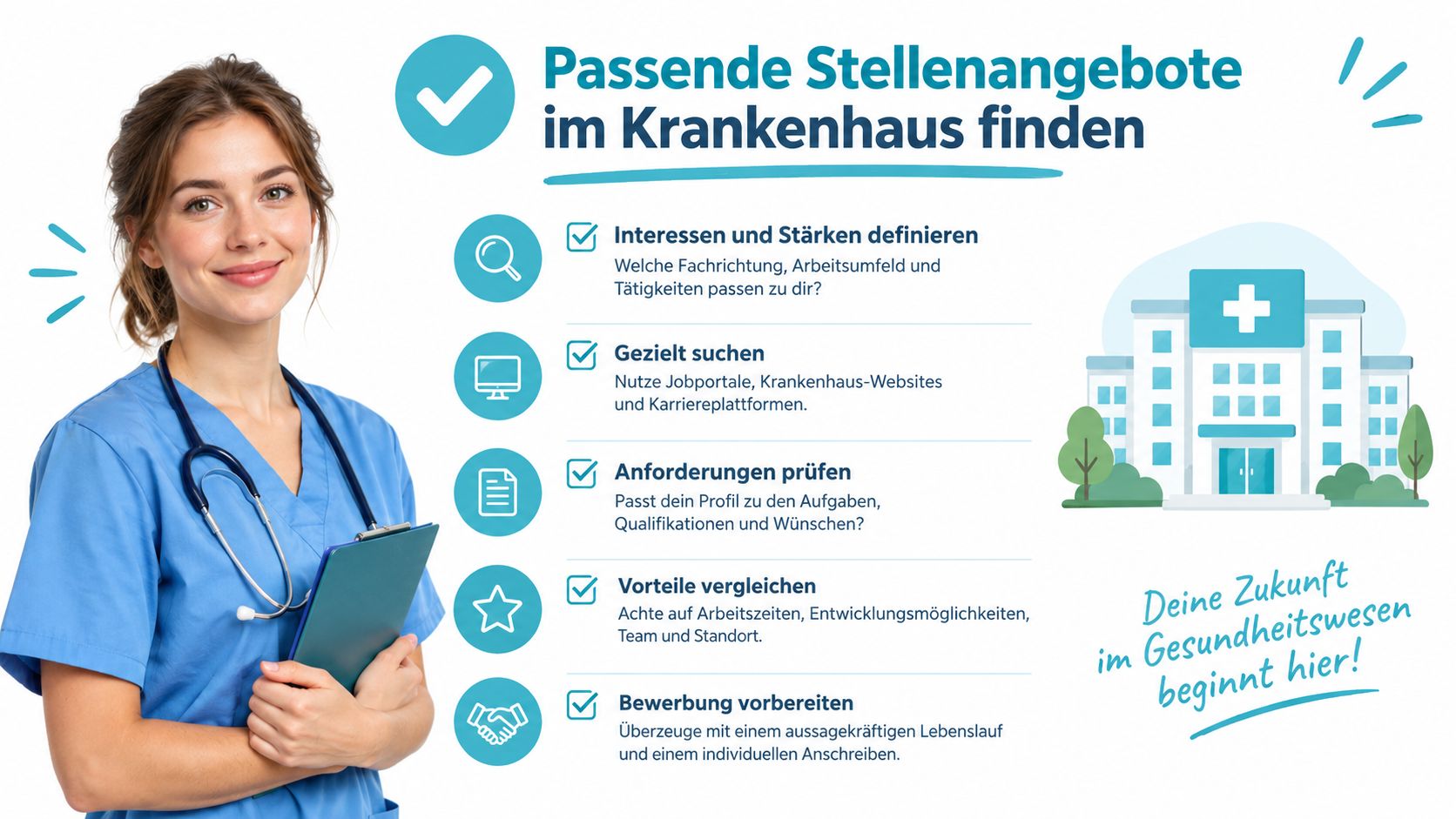 Eine Krankenschwester präsentiert Tipps zur Suche nach passenden Stellenangeboten in Krankenhäusern durch gezielte Vorbereitung.