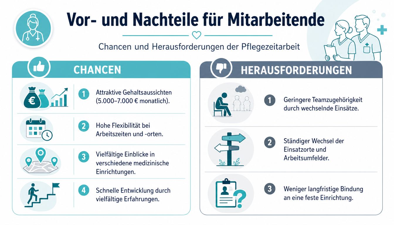 Infografik über die Vor- und Nachteile von Zeitarbeit für medizinisches Personal mit Chancen und Herausforderungen.
