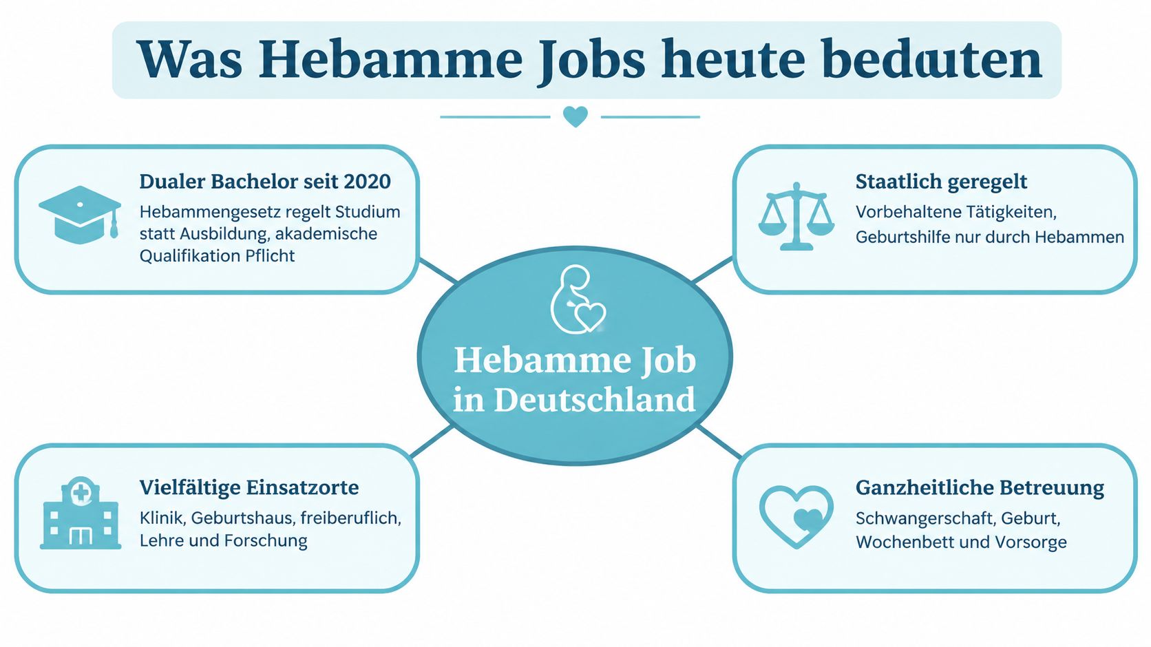 Eine Infografik erklärt die modernen Anforderungen und vielfältigen Einsatzbereiche von Hebammenjobs in Deutschland.