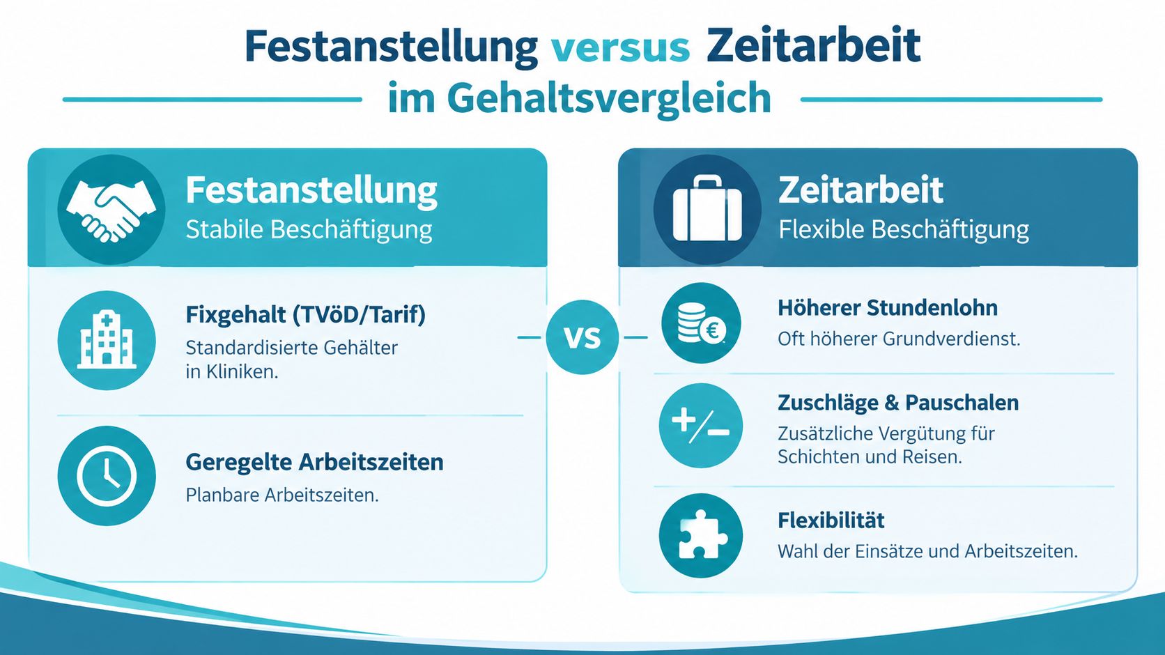 Vergleich zwischen Festanstellung und Zeitarbeit für medizinisches Personal mit Fokus auf Gehälter und Arbeitsbedingungen.