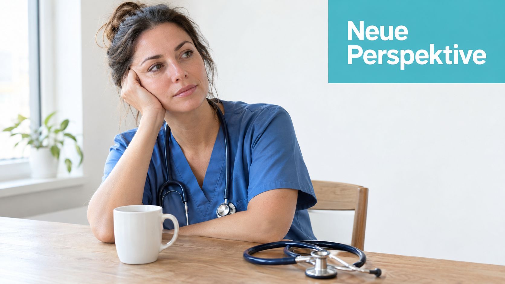 Eine nachdenkliche Krankenschwester in blauer Arbeitskleidung sitzt am Tisch mit einer Tasse Kaffee und einem Stethoskop.