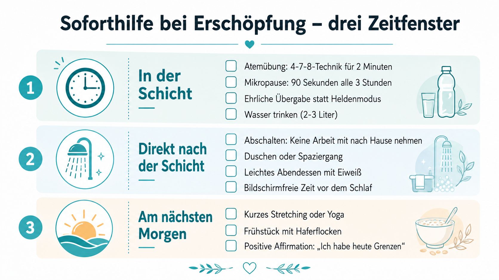 Infografik mit drei Zeitfenstern zur Soforthilfe bei Erschöpfung während und nach der Schicht sowie am nächsten Morgen.