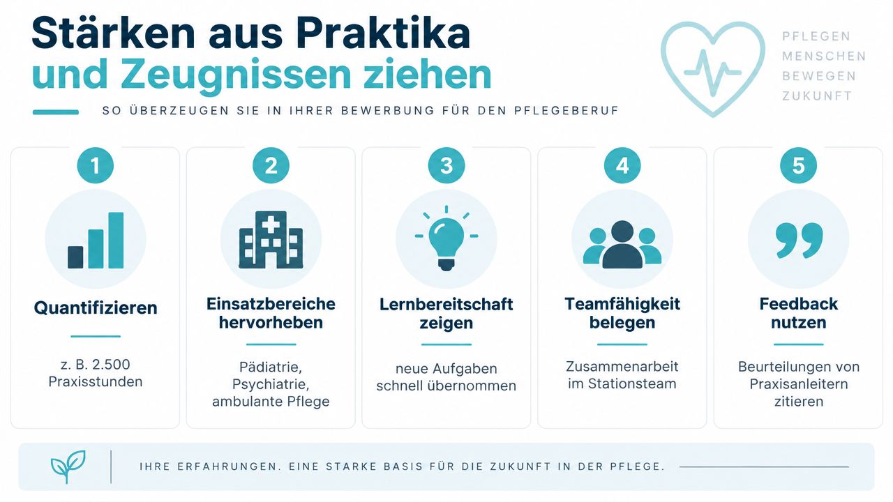Eine Infografik gibt fünf Tipps, wie man Praktika und Zeugnisse in der Pflegebewerbung effektiv nutzen kann.