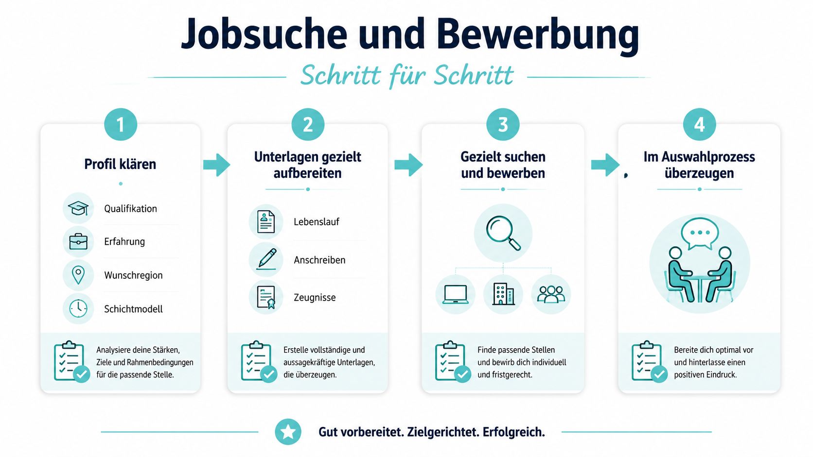 Eine Infografik mit dem Titel Jobsuche und Bewerbung, die den vierstufigen Prozess von der Profilklärung bis zum Vorstellungsgespräch zeigt.