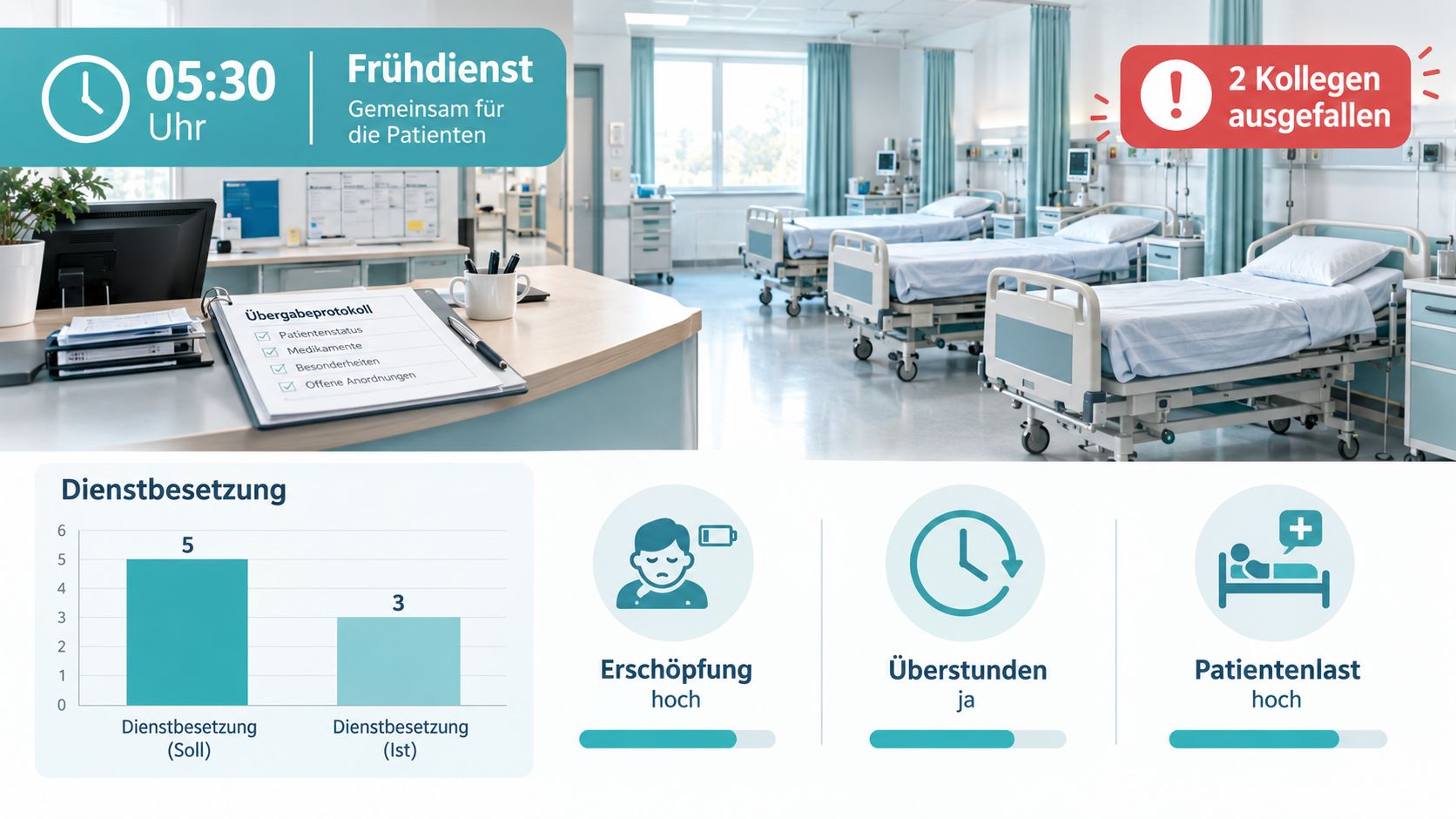 Ein Krankenhauszimmer mit einer Übersicht zu Personalmangel, hoher Arbeitsbelastung und Schichtbeginn im Pflegedienst am frühen Morgen.