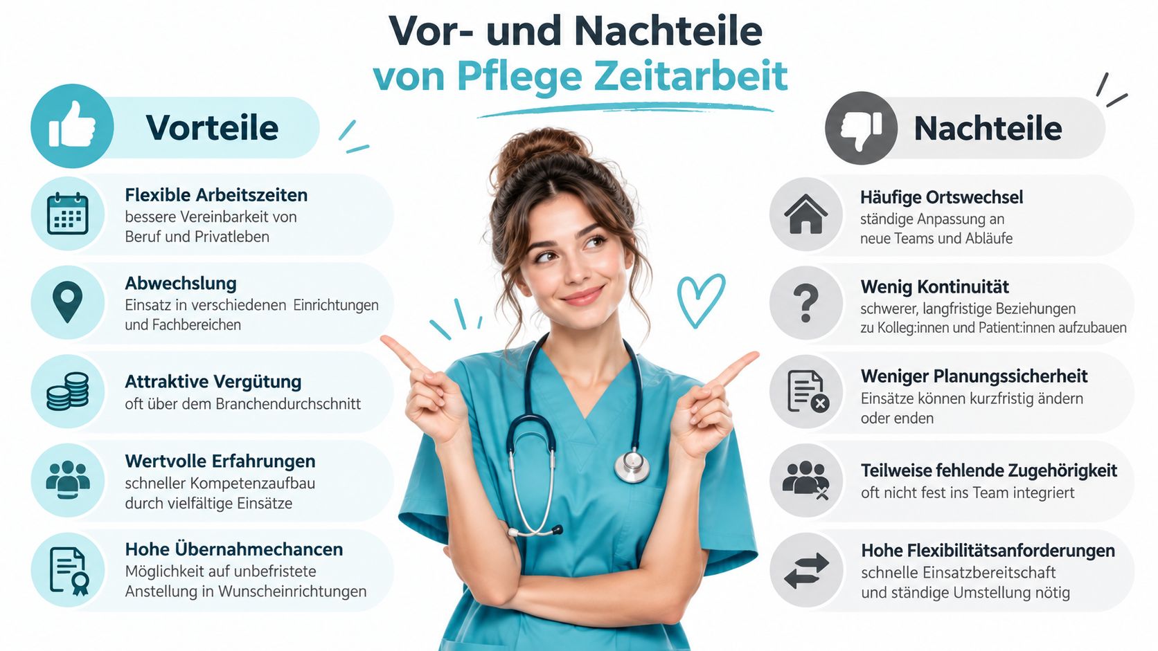Eine Grafik zeigt die Vor- und Nachteile von Zeitarbeit in der Pflege für medizinisches Personal.