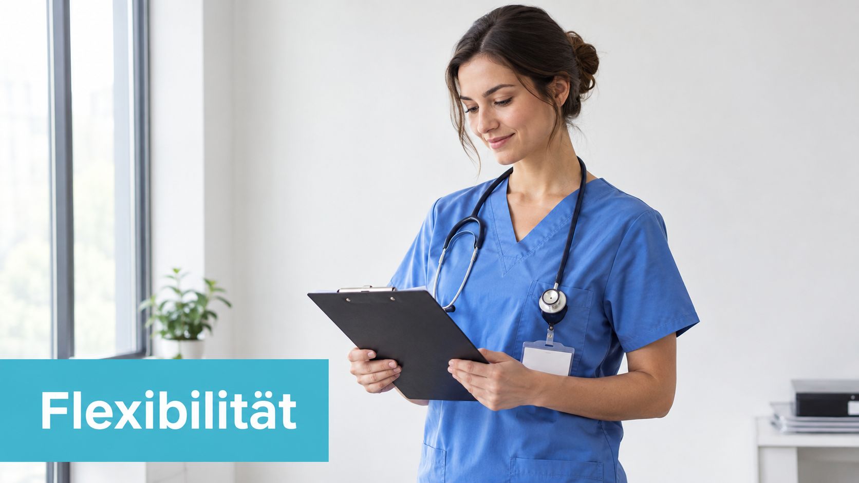 Eine lächelnde Pflegekraft in blauer Arbeitskleidung liest aufmerksam Informationen von einem Klemmbrett in einer hellen Praxisumgebung.
