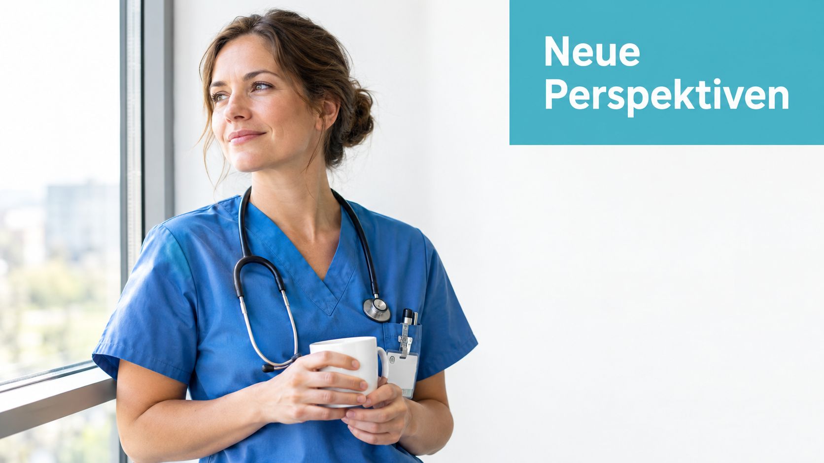 Eine Pflegerin in blauer Arbeitskleidung schaut nachdenklich aus dem Fenster, während sie eine Tasse Kaffee hält.