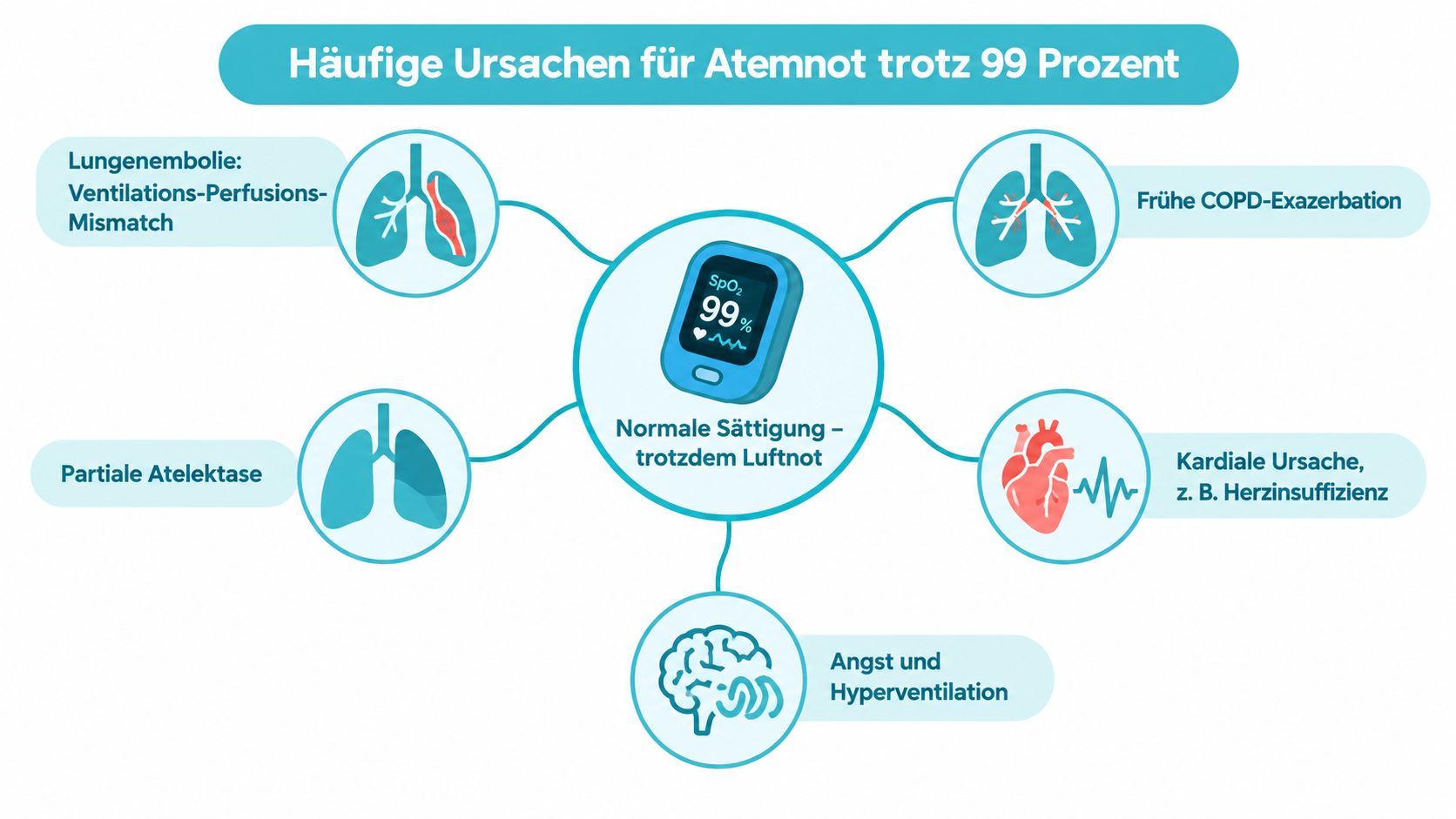 Infografik zeigt häufige medizinische Ursachen für Atemnot trotz einer normalen Sauerstoffsättigung von 99 Prozent im Blut.