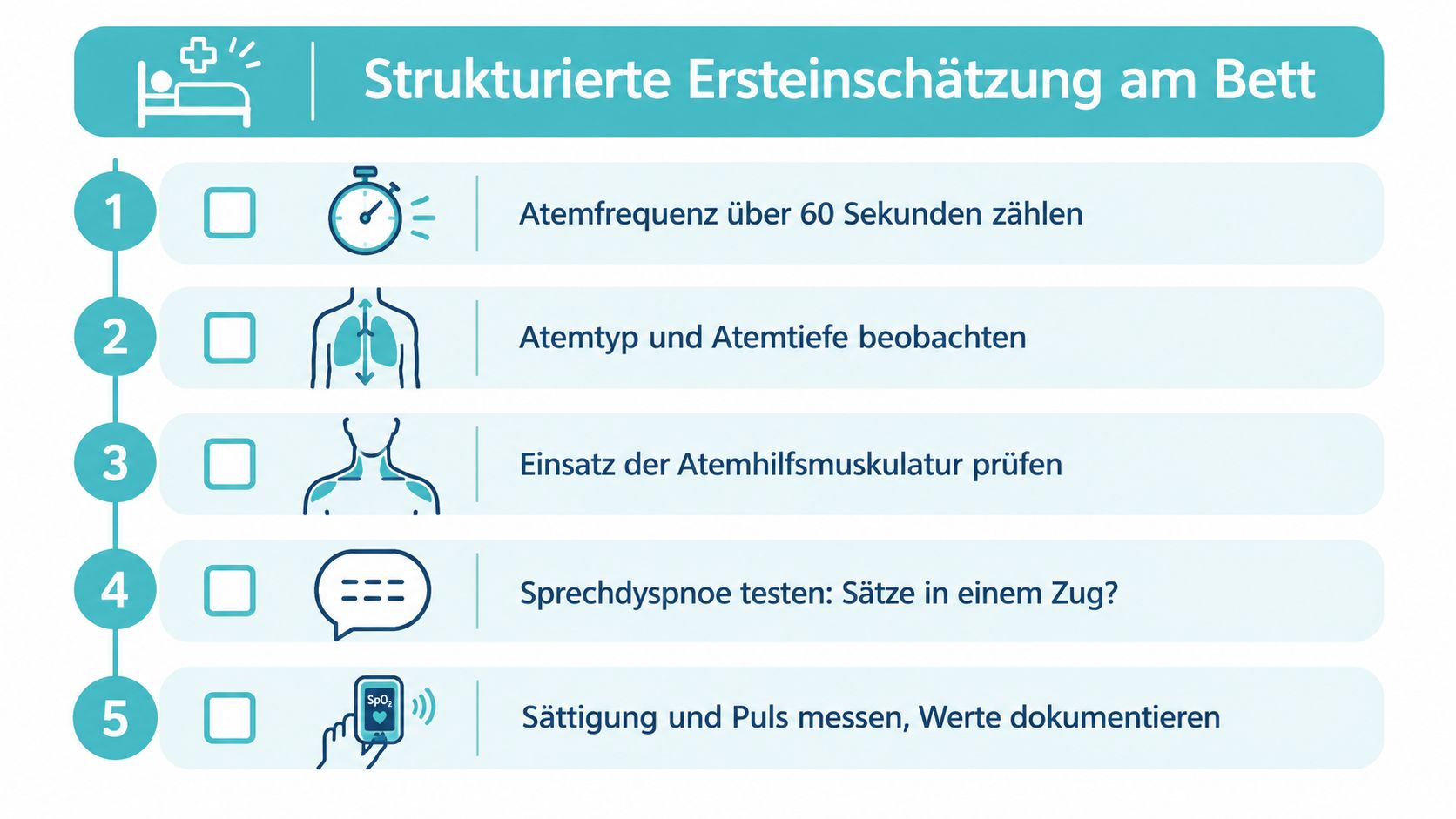 Eine strukturierte Checkliste zur medizinischen Ersteinschätzung der Atmung am Krankenbett mit fünf Schritten für das Pflegepersonal.
