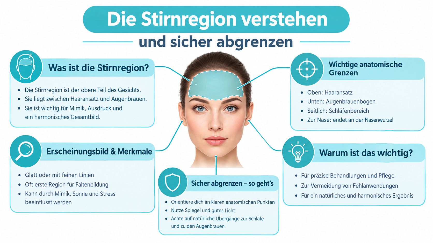 Eine informative Infografik über die Anatomie, Grenzen und Bedeutung der Stirnregion für ein harmonisches Gesichtsbild.