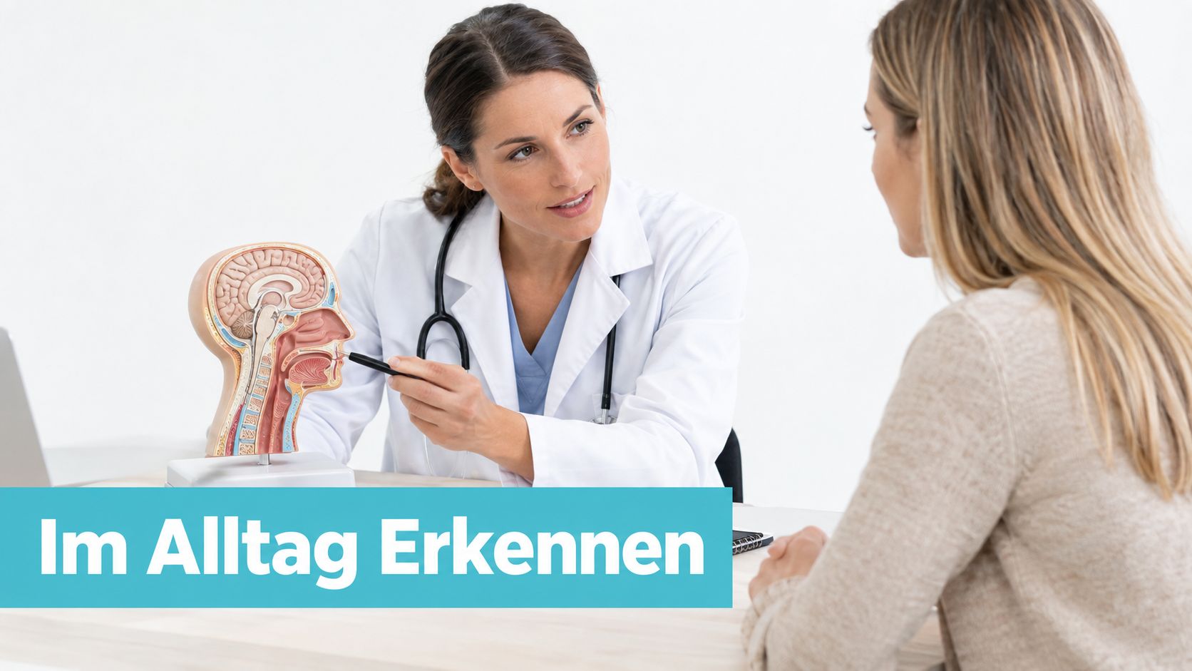 Eine Ärztin erklärt ihrer Patientin anhand eines anatomischen Modells den Bereich der menschlichen Kopffront und Nasennebenhöhlen.