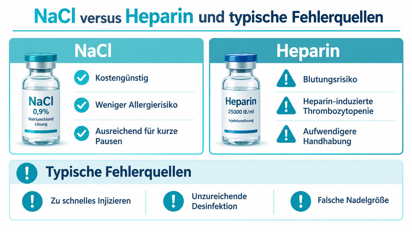 Vergleich zwischen NaCl und Heparin zur Spülung von Kathetern sowie Darstellung typischer Fehlerquellen bei der Injektion.