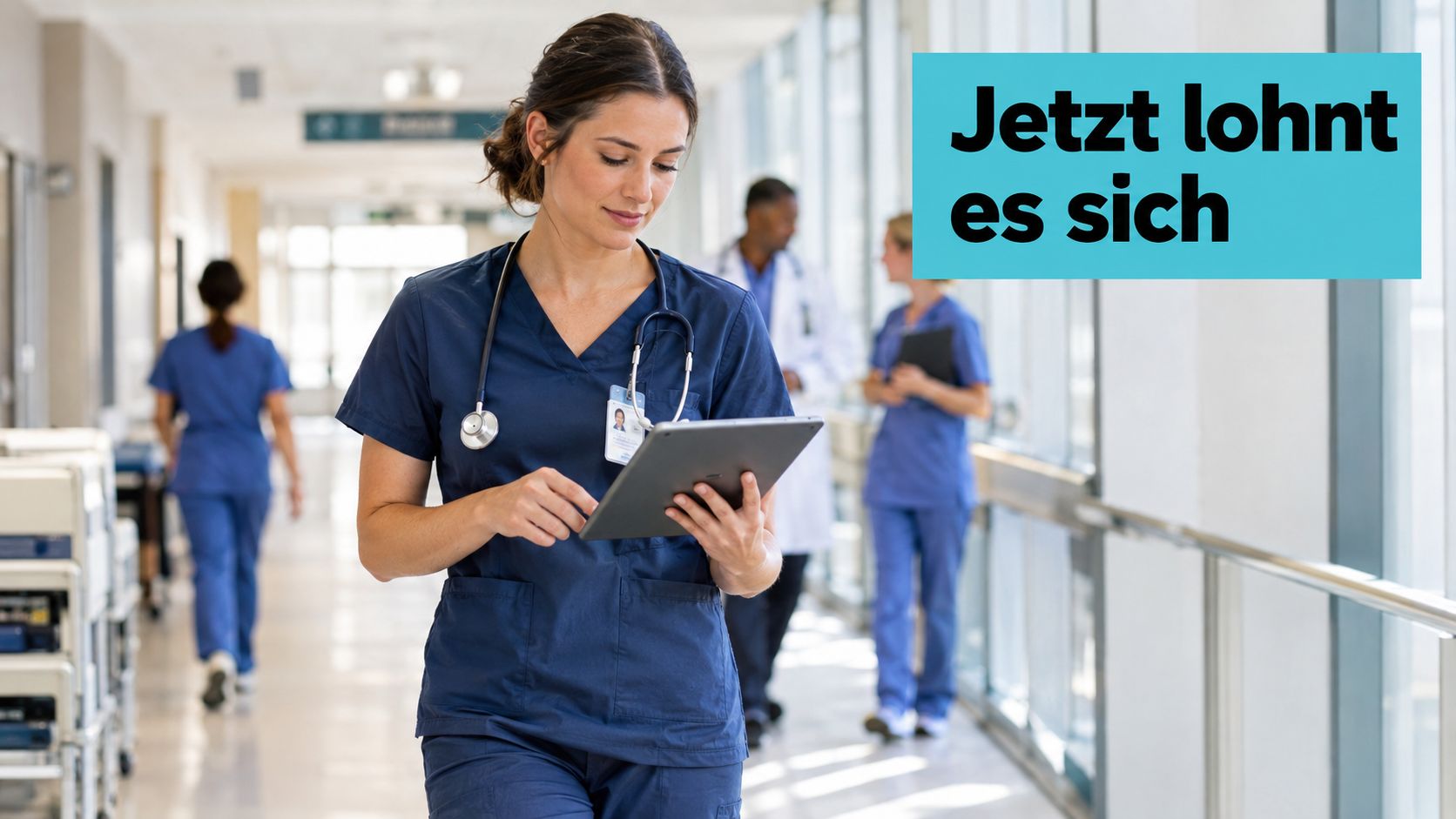 Eine Krankenschwester nutzt ein Tablet in einem modernen Krankenhausflur, während im Hintergrund weiteres medizinisches Personal arbeitet.