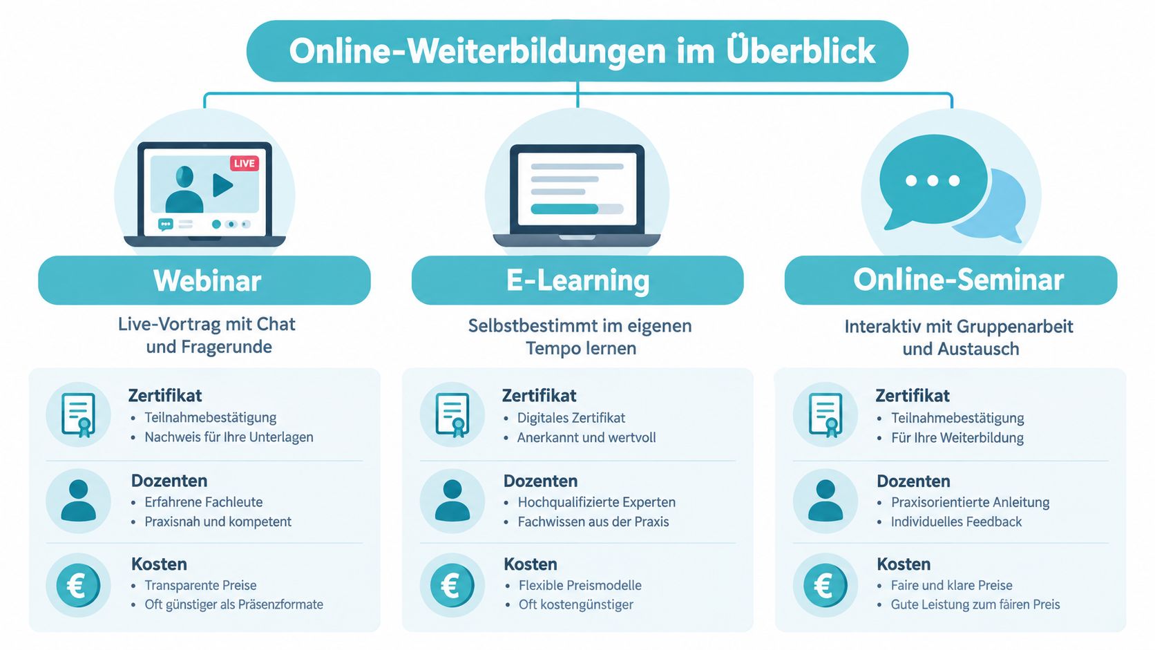 Übersicht zu Online-Weiterbildungen mit Webinar, E-Learning und Online-Seminar inklusive Informationen zu Zertifikaten, Dozenten und Kosten.