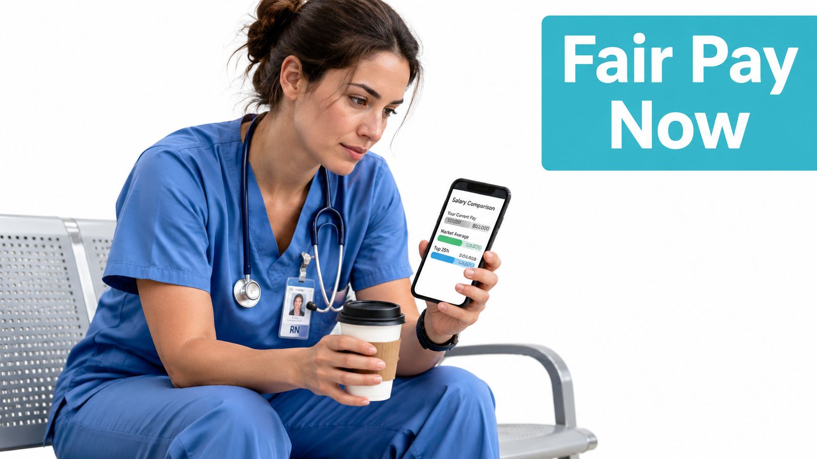 Eine examinierte Pflegekraft betrachtet auf ihrem Smartphone einen Gehaltsvergleich in einer Klinik, während sie Kaffee trinkt.