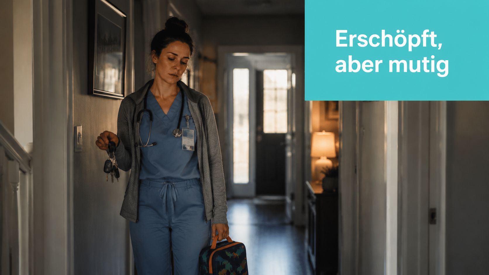 Eine erschöpfte Krankenschwester kommt nach der Schicht nach Hause und hält ihre Hausschlüssel in der Hand.