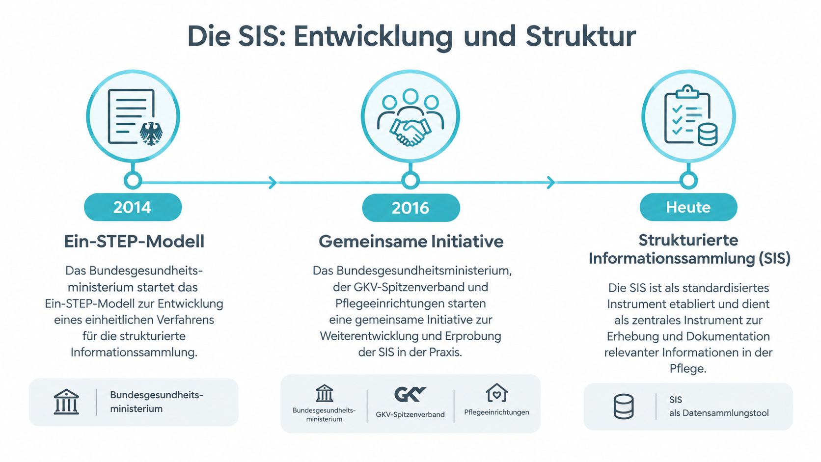 Eine Infografik zur chronologischen Entwicklung und Struktur der strukturierten Informationssammlung SIS in der deutschen Pflege seit 2014.