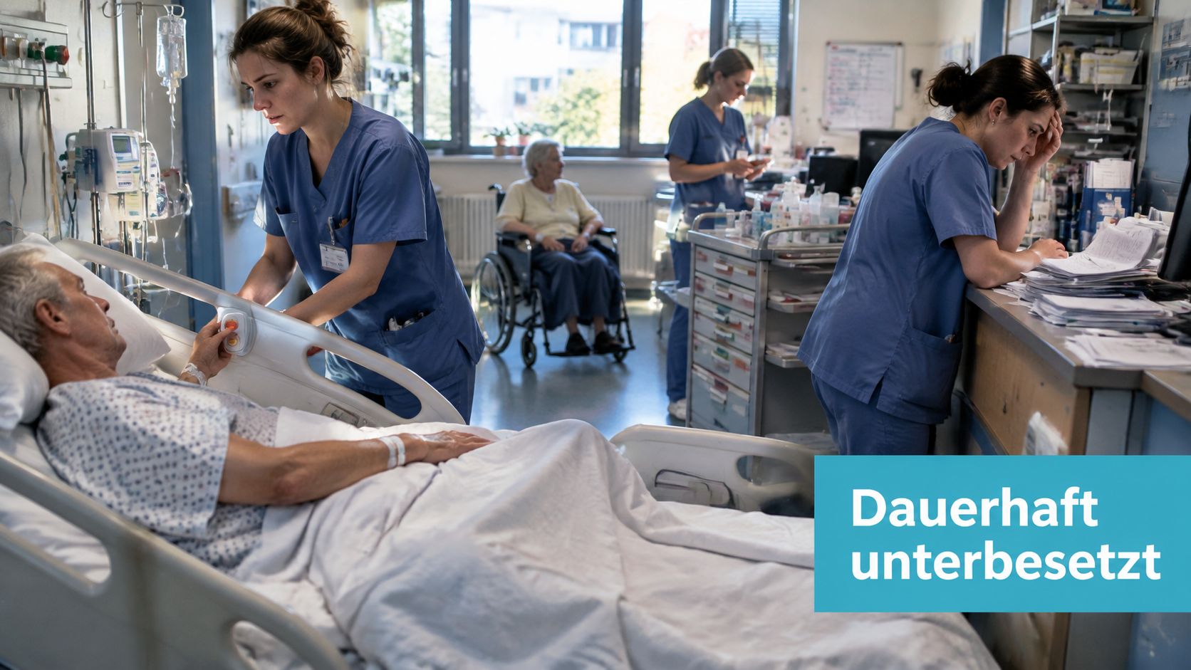 Eine erschöpfte Krankenschwester im Krankenhaus, die die ständige Überlastung und Unterbesetzung des medizinischen Personals symbolisiert.