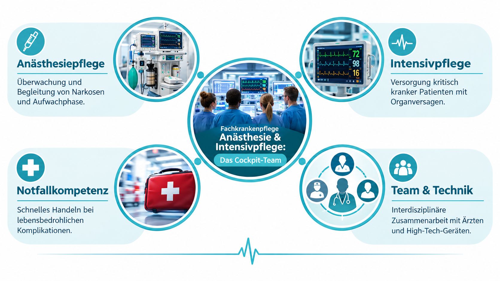 Infografik zur Fachkrankenpflege in Anästhesie und Intensivpflege, die Aufgaben und Teamarbeit im medizinischen Bereich verdeutlicht.