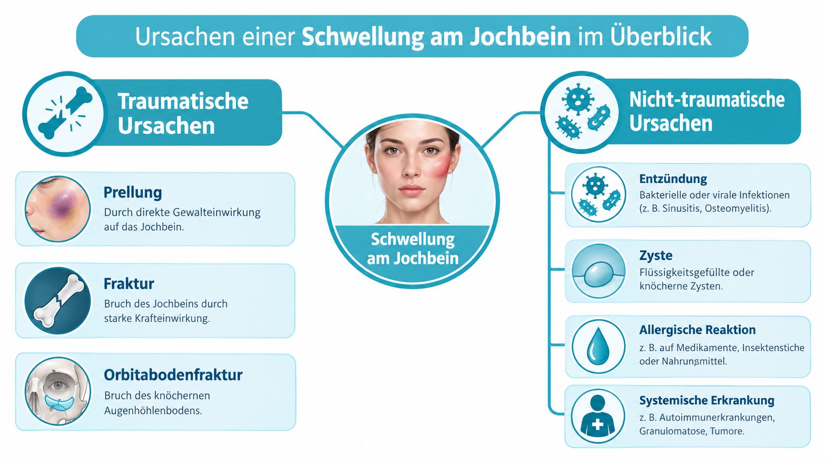 Eine Übersichtsgrafik, die die verschiedenen traumatischen und nicht-traumatischen Ursachen einer Schwellung am Jochbein im Gesicht erläutert.