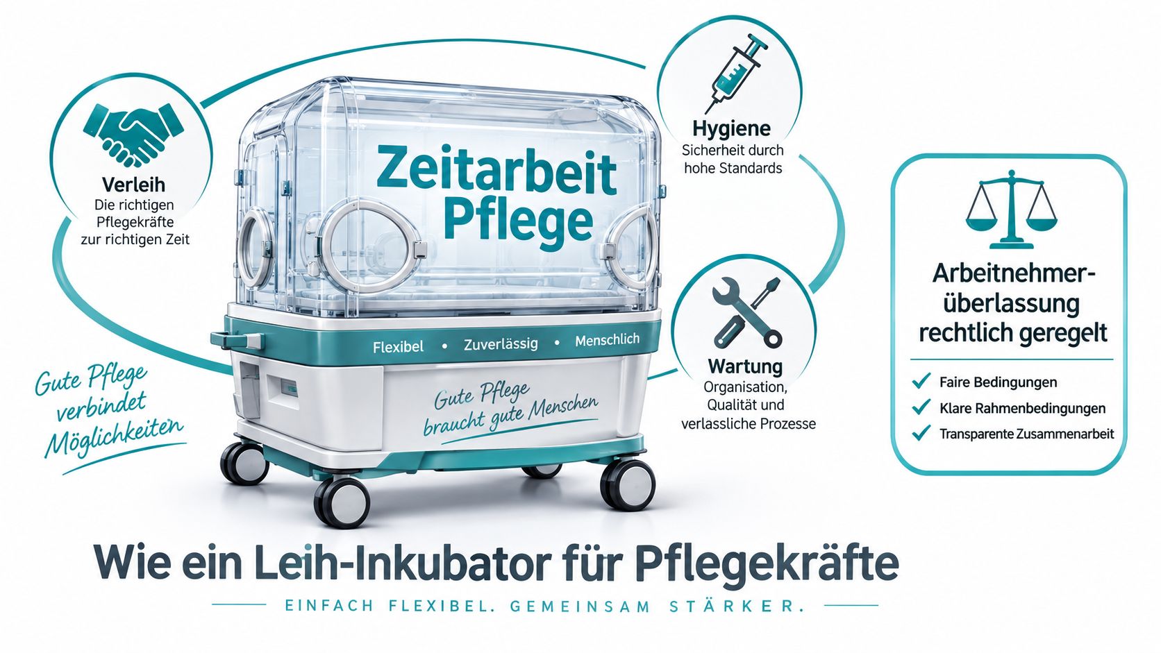 Grafik zur Zeitarbeit in der Pflege, dargestellt durch einen Inkubator mit wichtigen Dienstleistungsaspekten wie Hygiene, Wartung und Rechtssicherheit.