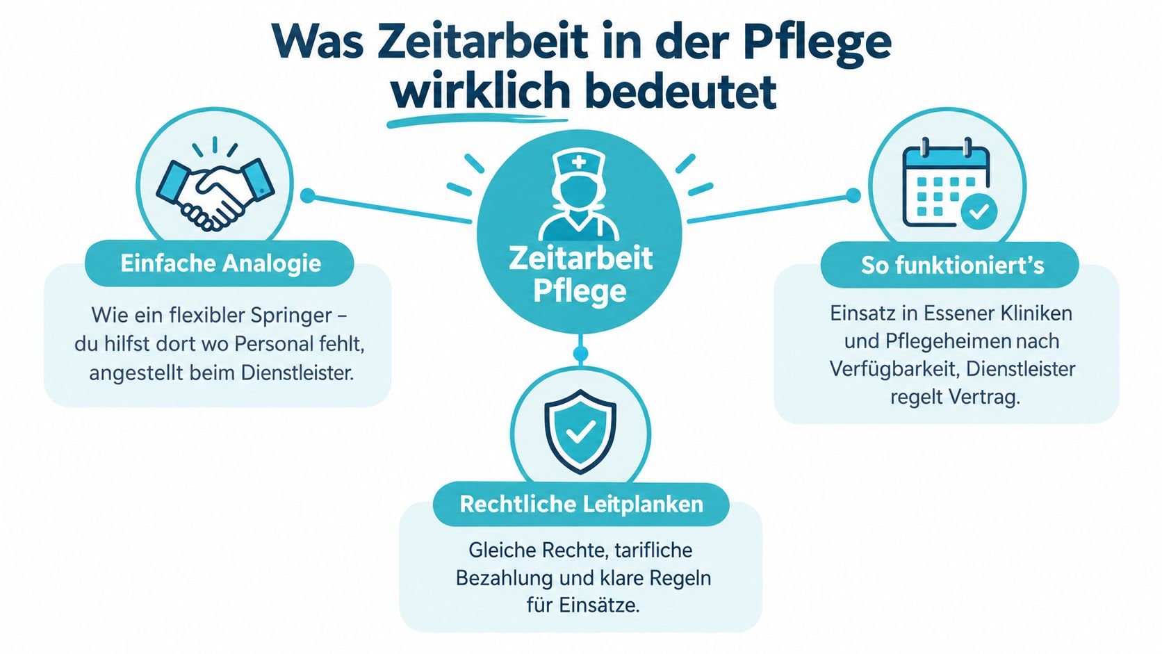 Eine Infografik zur Erklärung der Zeitarbeit in der Pflege mit Analogie, Funktionsweise und rechtlichen Leitplanken.