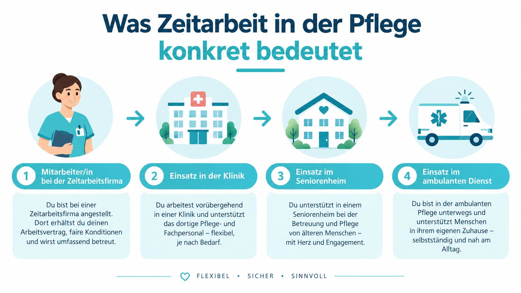 Infografik zur Bedeutung von Zeitarbeit in der Pflege mit vier Schritten und verschiedenen Einsatzorten wie Klinik und Pflegeheim.